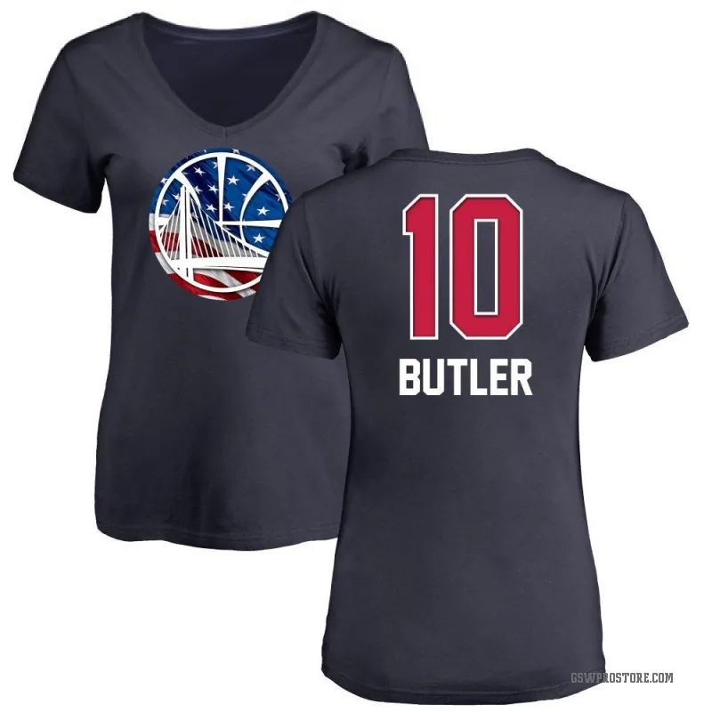 Jimmy Butler III Women's Gold Golden State Warriors Navy Name and Number Banner Wave V-Neck T-Shirt